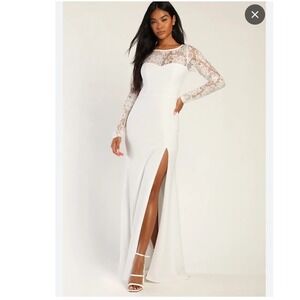 Lulus Forever Faithful White Lace Button Back Mermaid Maxi Dress Long Sleeve (F)
